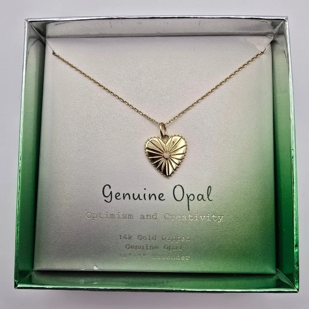 14K  Gold Dipped Genuine Opal Stone Heart Pendant  Necklace 16